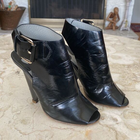 Chloe Black Patent Leather Peep-Toe Buckle Accent Heels - Picture 3 of 14